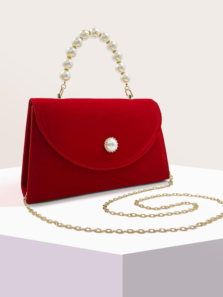 Bride's Essential Red Flannel Pearl Handbag - Retro Square Design, Fashionable Light Luxury Wedding Bag with Pearl Chain Handle