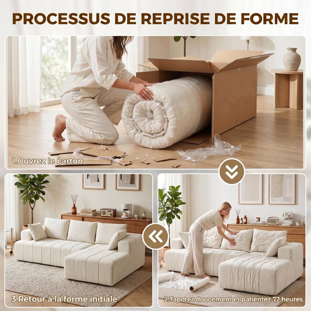Corner Sofa 256 Cm With Chaise Lounge 3 Seater Sofa Bed In Chenille L Shaped Wide Seat And Armrests Beige