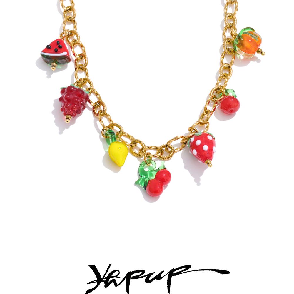 Yhpup Sweet Spring Summer Colored Glaze Fruit Charm Pendant Necklace Gold Color Stainless Steel Trendy Jewelry for Girls Ladies