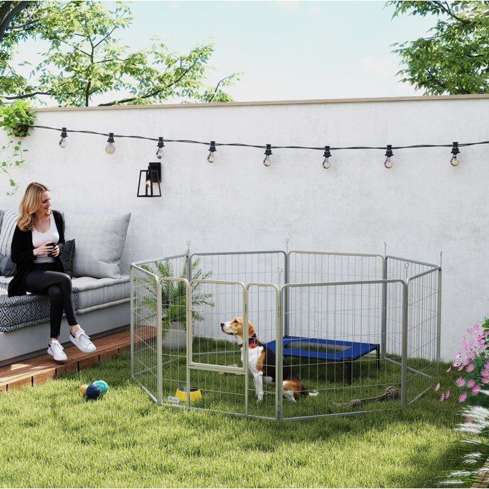 ORVRYN Folding Eight-Panel Dog and Puppy Playpen with Door, Silver Steel, 80 cm High