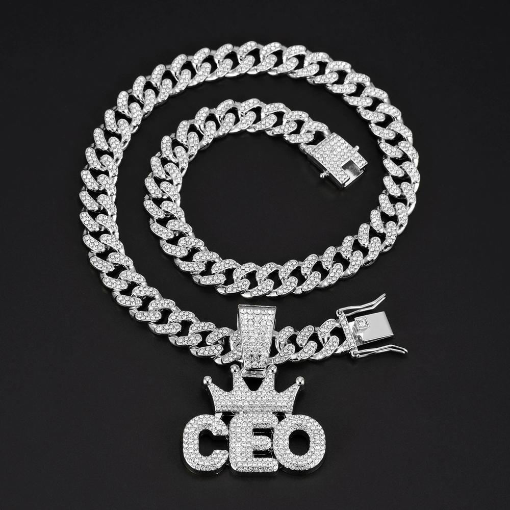 Men Hip Hop Crown CEO Letter Pendant with Cuban Link Chain Necklace For Women Men Bling Iced Out Rhinestone Necklaces Jewelry