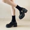 French Black Thick Heel Platform Small Leather Shoes Women's Autumn New Heightening Mary Jane Shoes Short Le High Heels