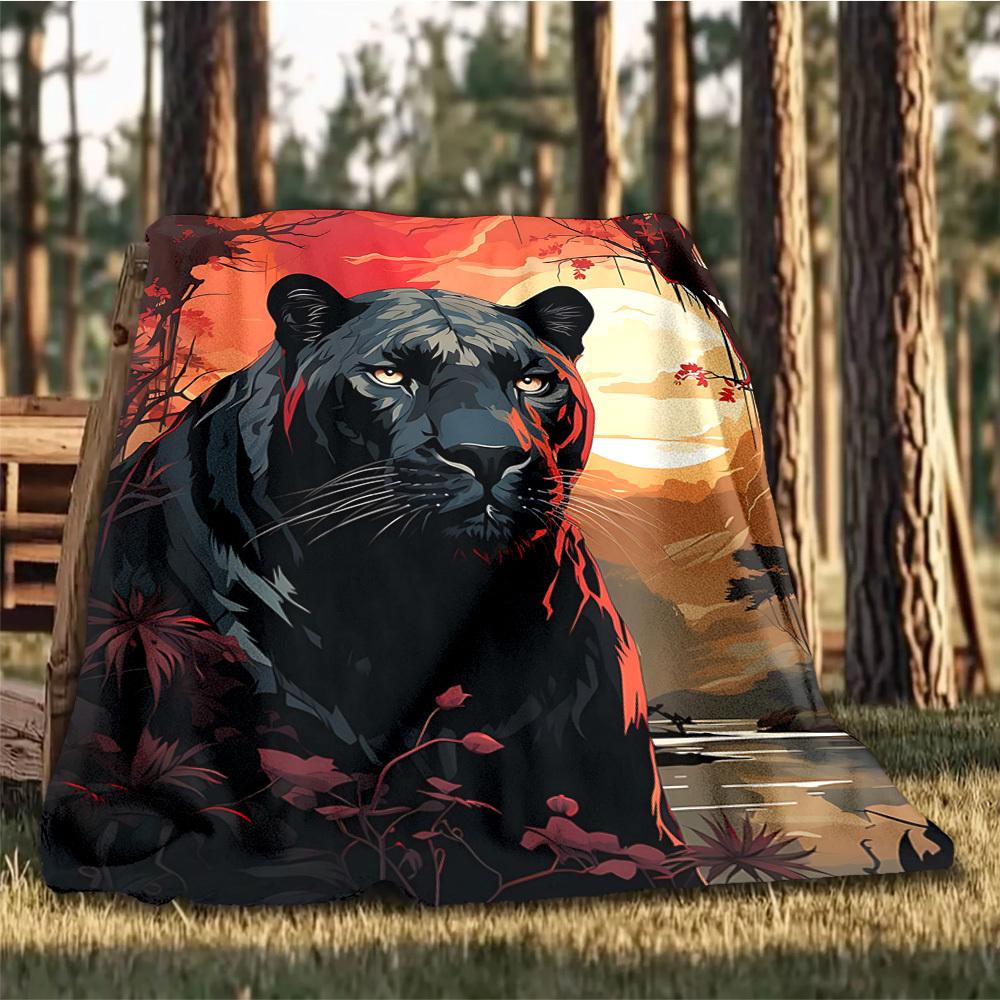 1pc Panther Sunset Jungle Throw Blanket Polyester Fiber, Lightweight Flannel, Soft & Warm, All Season Use for Outdoor, Camping Digital Print
