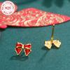 S925 Sterling Silver Christmas Red Bow Stud Earrings for Women