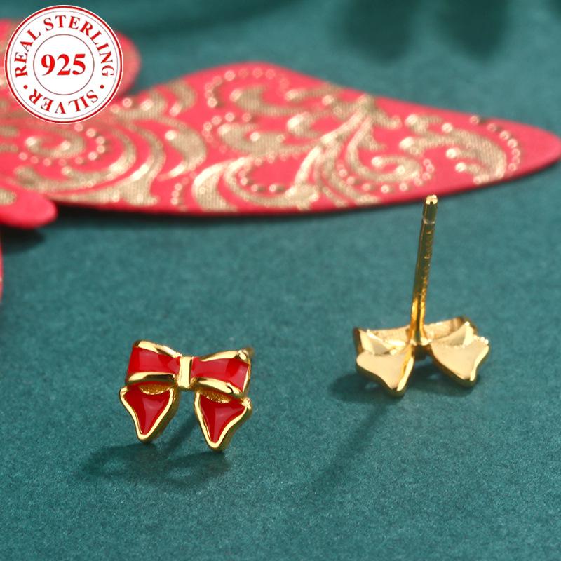 S925 Sterling Silver Christmas Red Bow Stud Earrings for Women