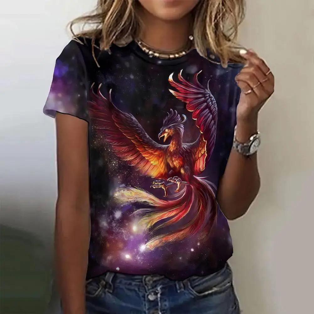 Летняя женская футболка с модным узором «Феникс», топ с короткими рукавами, свободный топ с круглым вырезом, женская футболка для вечеринок