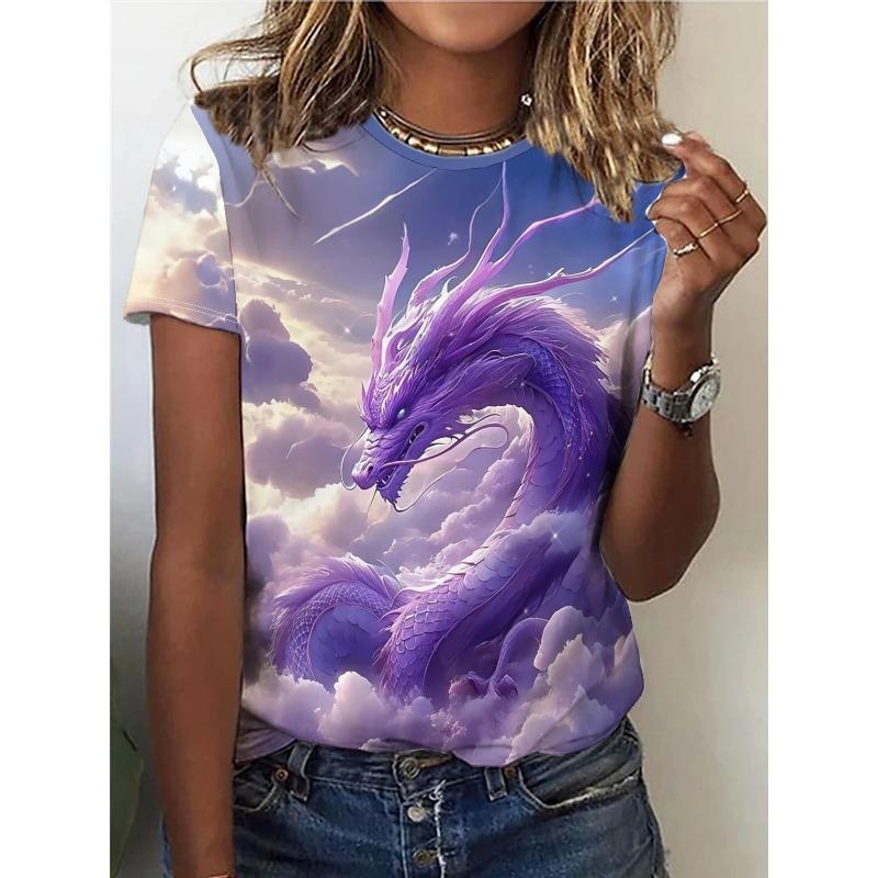Summer Round Neck 3D Phoenix Dragon Pattern Printed Top Fashionable Casual Short Sleeved Women's T-shirt