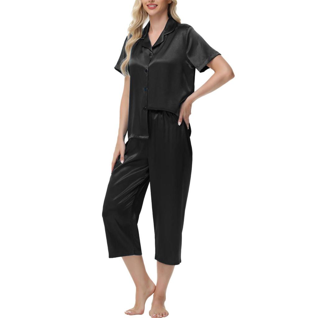 2 шт./комплект пижамы Ice Silk, рубашка с длинным рукавом и застежкой на пуговицы, эластичный пояс, широкие укороченные брюки, домашняя одежда, повседневный наряд, весенняя одежда для сна