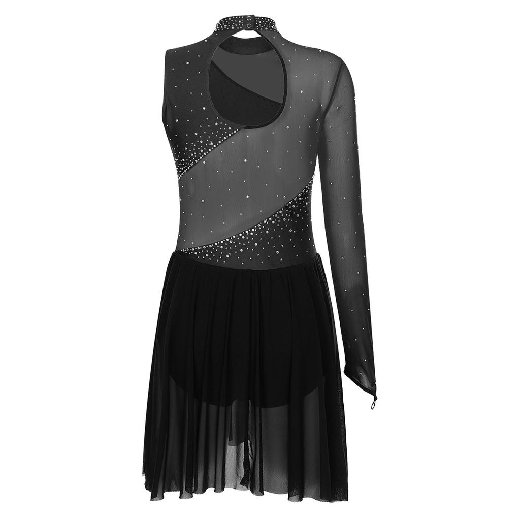 Womens Figure Skating Dance Leotard Single Sleeve Mock Neck Sparkle Rhinestone Ice Performance Wear