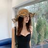 1PC Women Foldable Floppy Straw Hat Pearl Silk Ribbon Wide Brim Sun Hat Beach Cap Summer Sunshade Visors UV Protection Travel Hats Bucket Caps