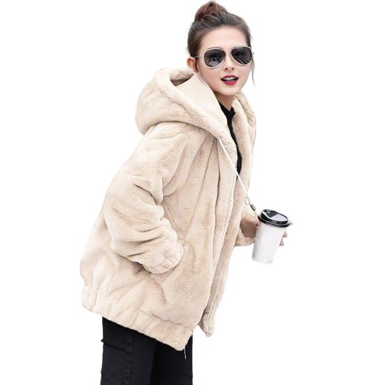 Зимняя женская куртка из толстого плюша с искусственным мехом кролика средней длины с капюшоном и карманами, длинные рукава, ветрозащитный кардиган на молнии