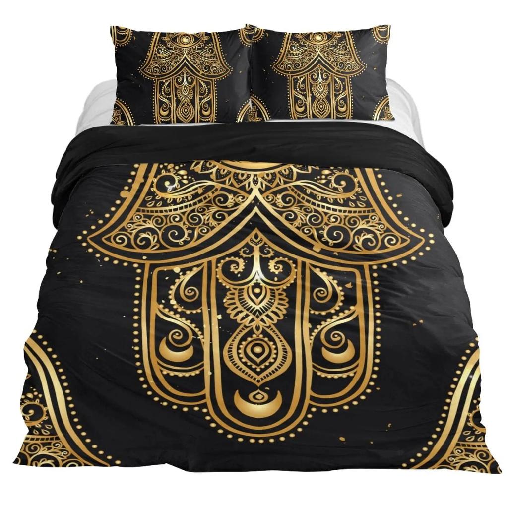 Hamsa Hand Bedding Set Boho Mandala Duvet Cover Set Black Gold Bohemia Bed Set Fatima Hand Bed Linen Lucky Hand Quilt Cover