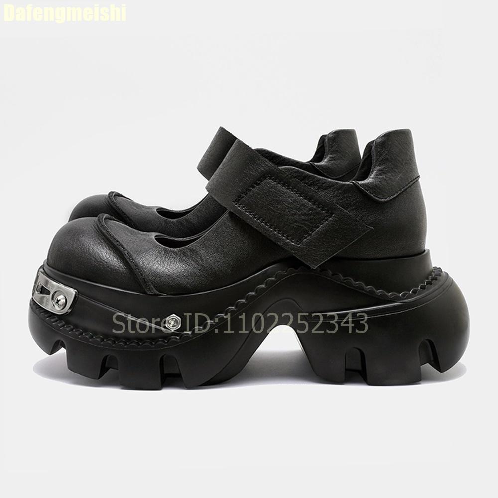 Мода 2025 Новые туфли Мэри Джейн на толстой подошве Женские Панк-стиль Летние С мелким круглым носком Черные кожаные туфли Туфли на платформе