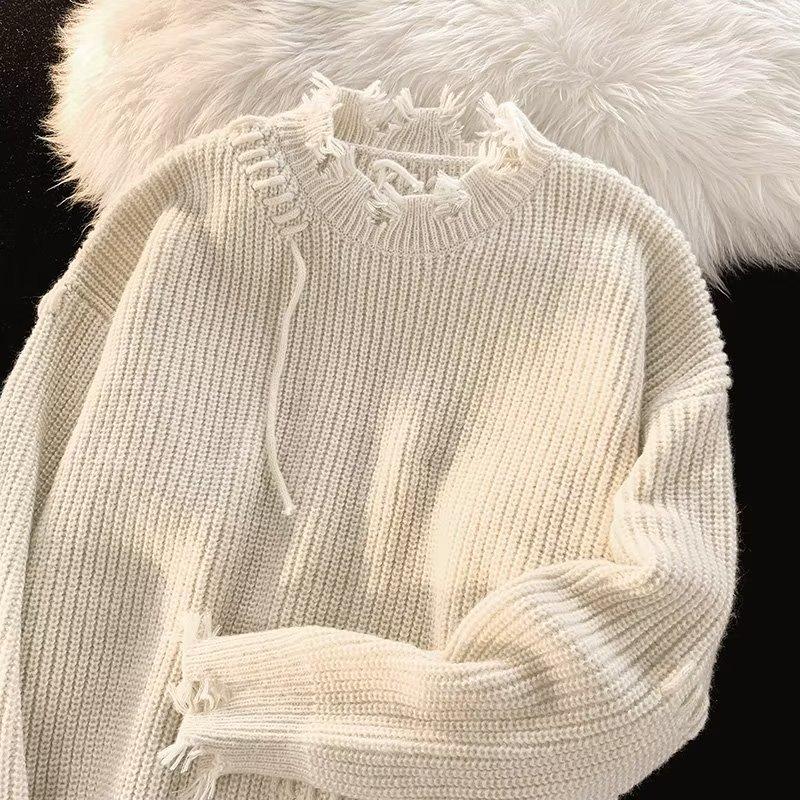 Американский уличный свитер с длинными рукавами и рваными краями для мужчин, модный, милый и стильный дизайн, стиль для пар, свободный и универсальный свитер