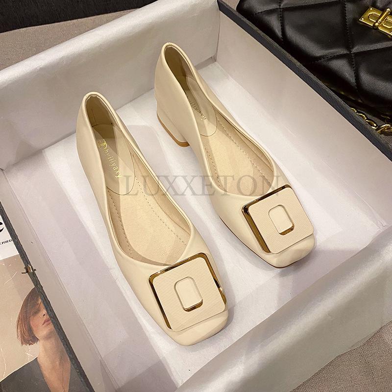 Women Fashion Pumps OL Square Buckle High Heels Shoes Ladies Decoration Leather Casual Shoes Big Size 35-43