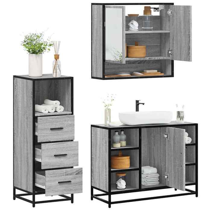 VidaXL Ensemble De Meubles De Salle De Bain 3 Pcs Sonoma Grey, Bathroom Cabinet, Toilet Storage Cabinet, 3301063