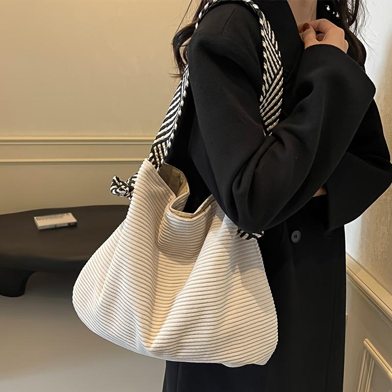 Women's Fashion Solid Color Soft Fabric Large Capacity Carrying Bag, Bohemian Style Wide Woven Shoulder Strap Versatile Minimalist Casual Shoulder Bag