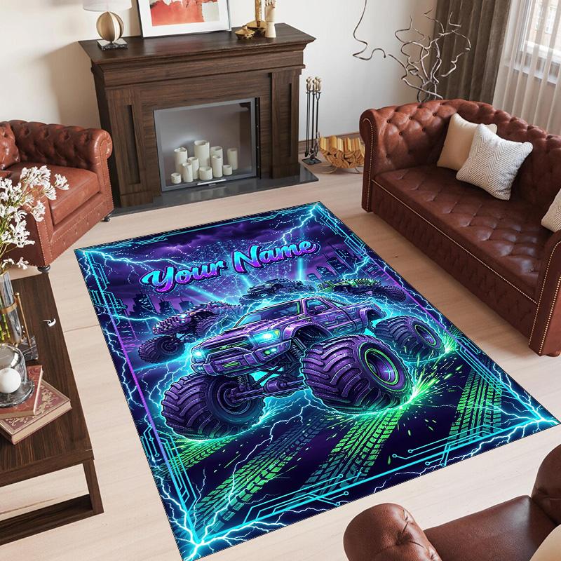 Monster Truck Theme Crystal Velvet Rug Personalized Custom Name Text Soft Floor Mat Home Decor