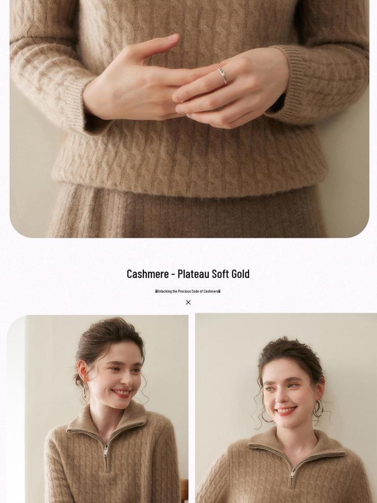 Women's Thickened Cashmere Half-Zip Knit Sweater - Loose Fit, Soft, Turn-Down Collar for Autumn and Winter