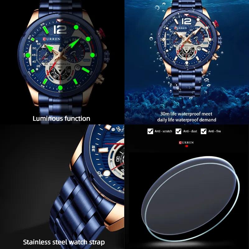 CURREN Watches Men's Sport Quartz Original Chronograph Date Wristwatches Luxury Waterproof Luminous Stainless Steel Watch Man Relogio Masculino