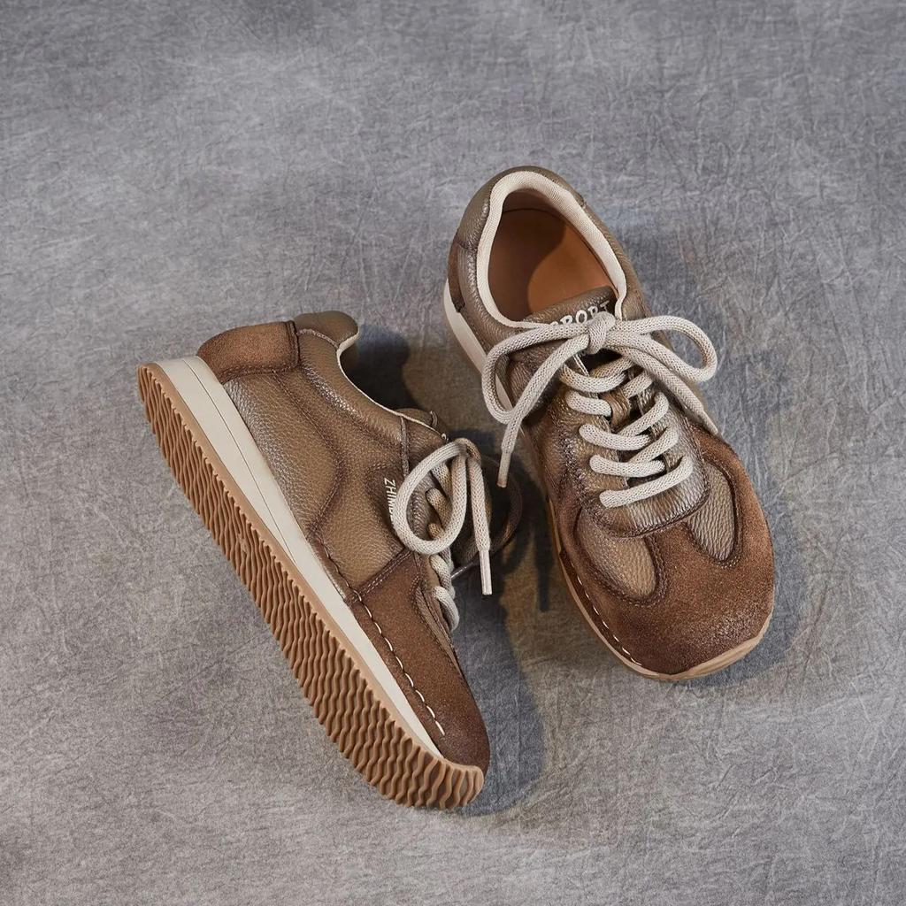 Johnature Genuine Leather Lace Up Women's Sports Shoes Retro Soft Sole Comfortable And Lightweight Sneakers