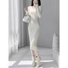 Womens Black Knit Midi Dress Long Sleeve V-Neck Slim Fit High Waist Elegant Office Wear Winter Layering Piece