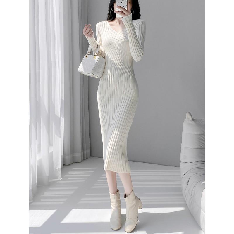 Womens Black Knit Midi Dress Long Sleeve V-Neck Slim Fit High Waist Elegant Office Wear Winter Layering Piece