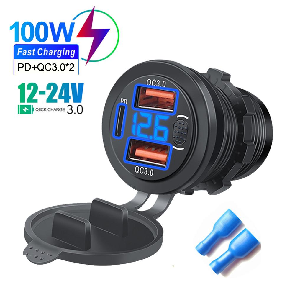 Автомобильное зарядное устройство с тремя портами PD Dual QC3.0 USB-разъем для зарядки с цифровым вольтметром и кнопкой переключения 12 В/24 В для мотоцикла и автомобиля