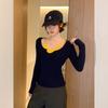 Korean contrasting color splicing fake two-piece long-sleeved knitted sweater women's autumn design sense slim-fitting inner backing top