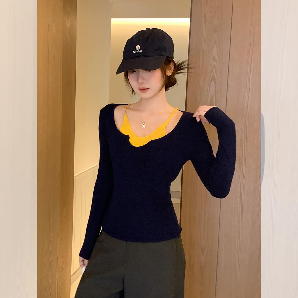 Korean contrasting color splicing fake two-piece long-sleeved knitted sweater women's autumn design sense slim-fitting inner backing top