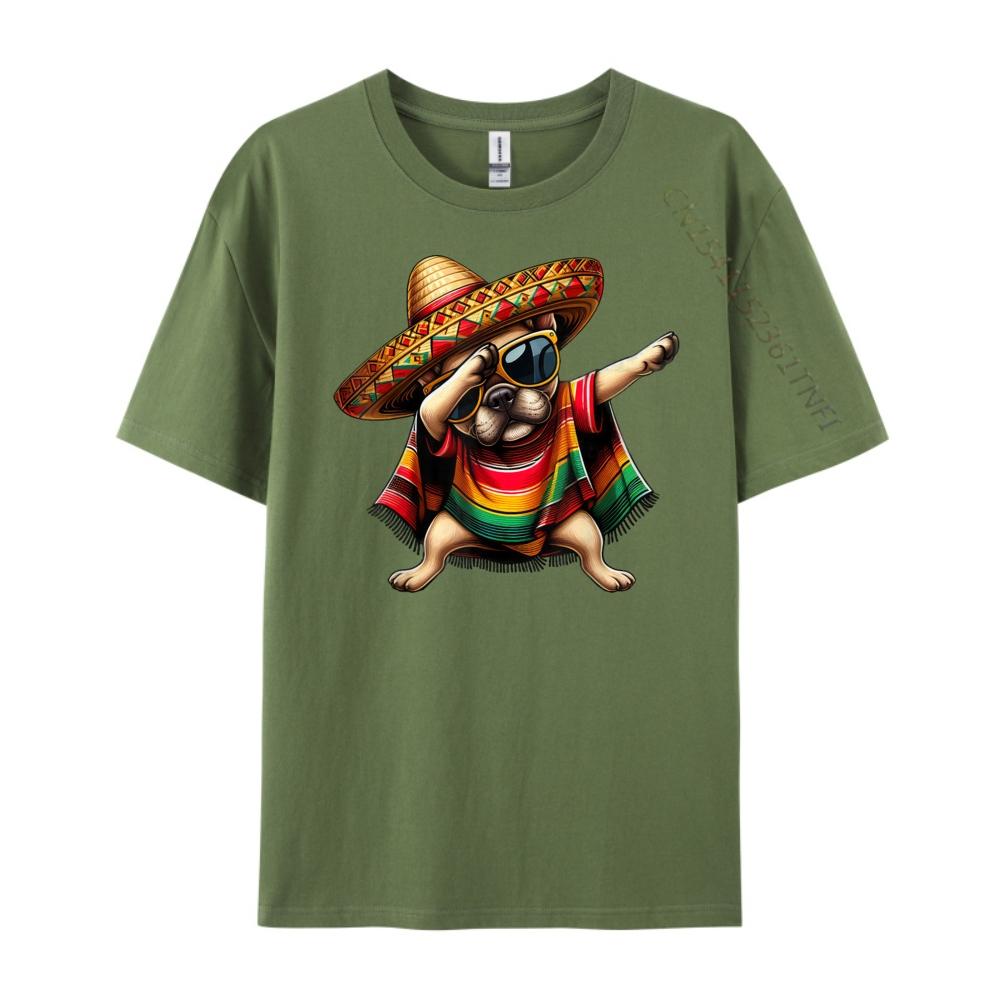 Dabbing Frenchie Dog Sombrero Mexican Poncho Cinco De Mayo Graphic T Shirts Men Cotton Camisetas Breathable