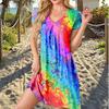 Summer Fashion Women's V Neck Short Sleeve Colorful Printed  Dress Sex Short Skirt Dresses