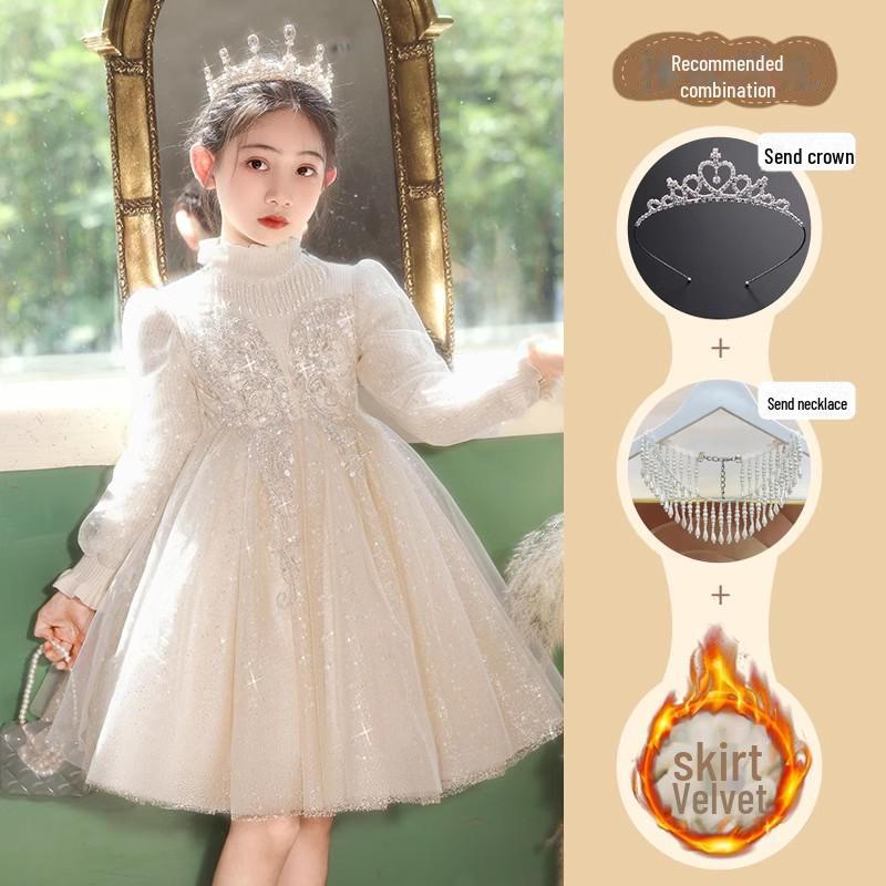 Стильное зимнее платье принцессы 2024 года для девочек: Элегантный костюм для выступления девочки-цветочницы и фортепиано
