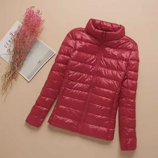 Оформление: Женская большая куртка из тонкого хлопкового пуха с капюшоном - короткая модель, воротник-стойка