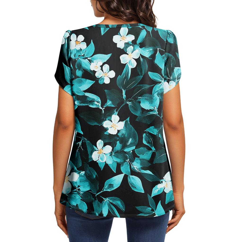 Women's Fashionable Round Neck Short Sleeve Printed Casual Basic Pleated Pullover T-shirt Top