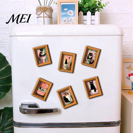 Protective Transparent Picture Covers Funny Wooden Fridge Magnets Frame, Retro Cute Cat Pattern Magnetic Refrigerator DIY Photo Display for
