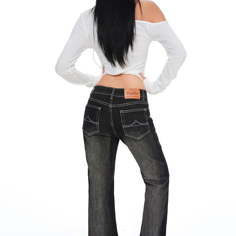 Spice girl washed cat beard low waist slightly pulled jeans women's autumn new loose and thin horseshoe flared pants