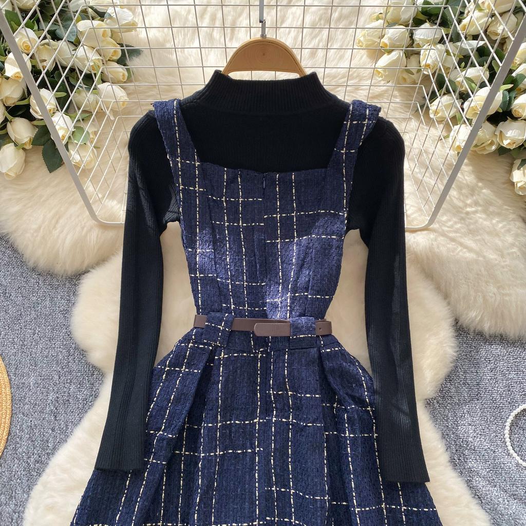 Осенне-зимний женский комплект свитер-платье, повседневный вязаный пуловер, топы + клетчатое твидовое платье, наряды из 2 предметов, женский с поясом