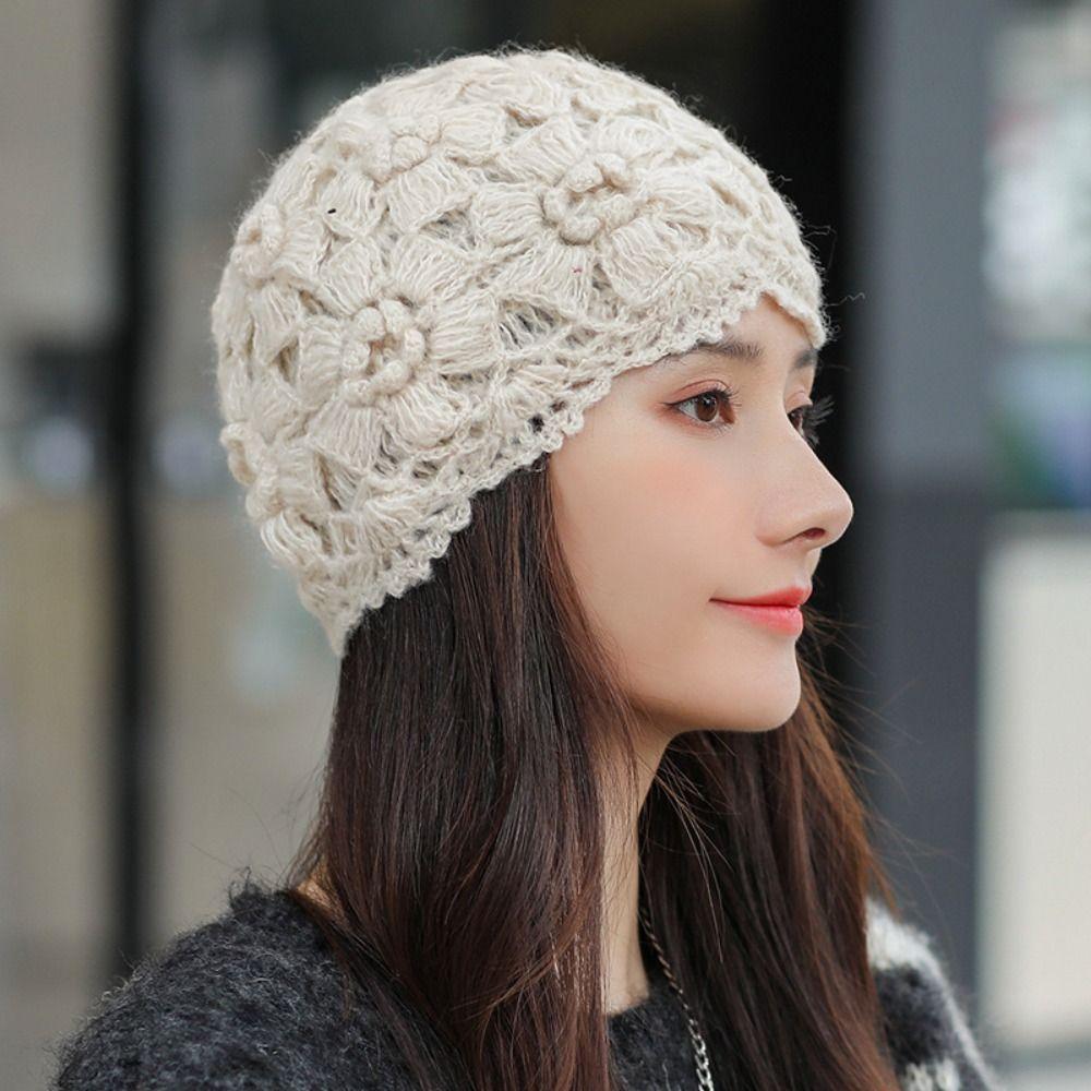Handmade Crochet Beanie Solid Color Hollow Out Skull Cap Casual Knitted Hat