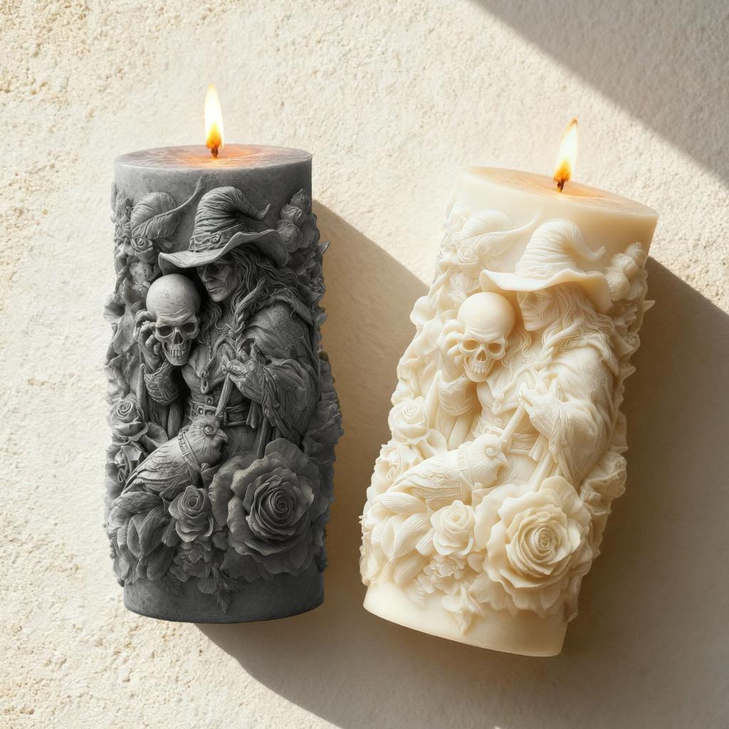 Форма для свечей с рельефом "Роза и Череп Волшебника" - Ароматическая свеча в темной тематике - Декор для дома, Демонстрирующий готическую эстетику
