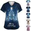 Plus Size Christmas Printed Working Uniform Tops For Women V-Neck Short Sleeve T-Shirts Workwear Tee With Pockets