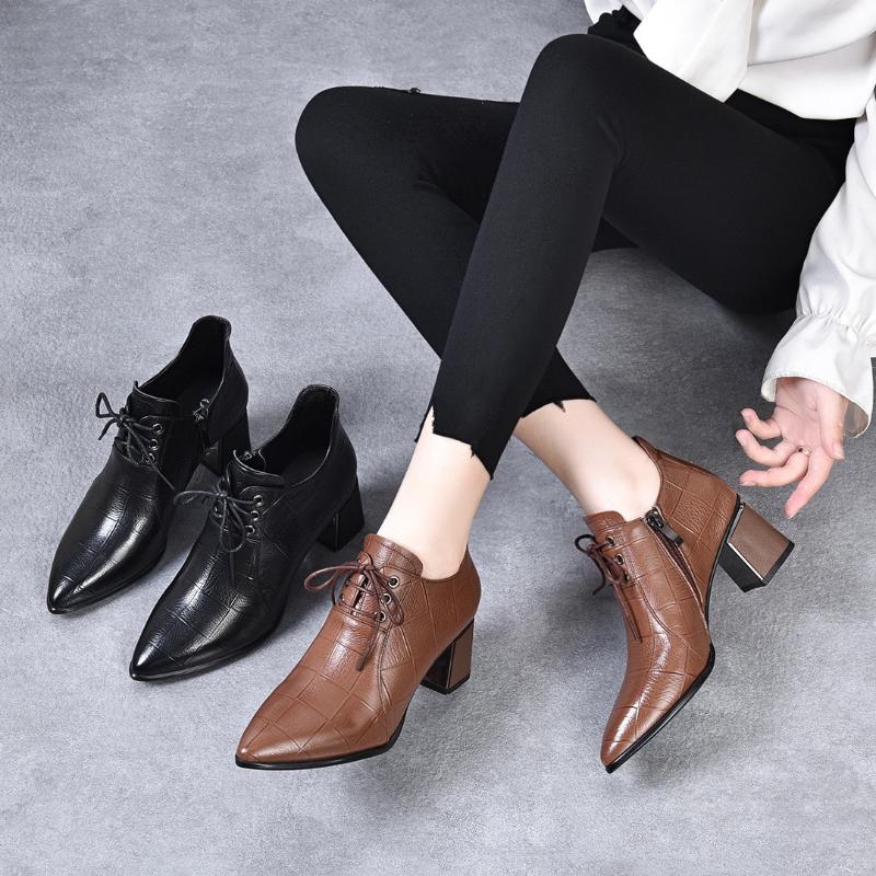 New Women's Mid-heel Lace-up Leather Shoes Genuine Leather Deep-mouth Soft Leather High Heels