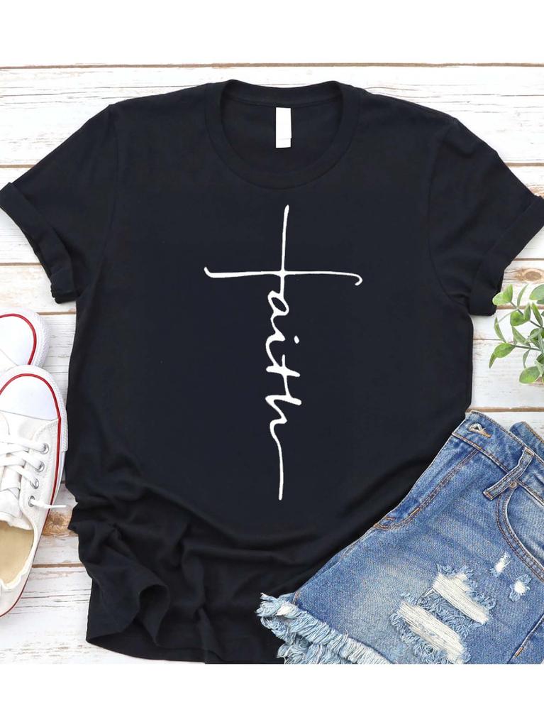 Black Pure - Cotton Women's T - Shirt: Elegant Cross and "Faith" Statement Design