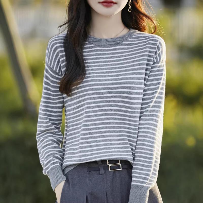 Cotton Long Sleeve Crew Neck Striped T Shirt Loose Fit Casual Knit Top