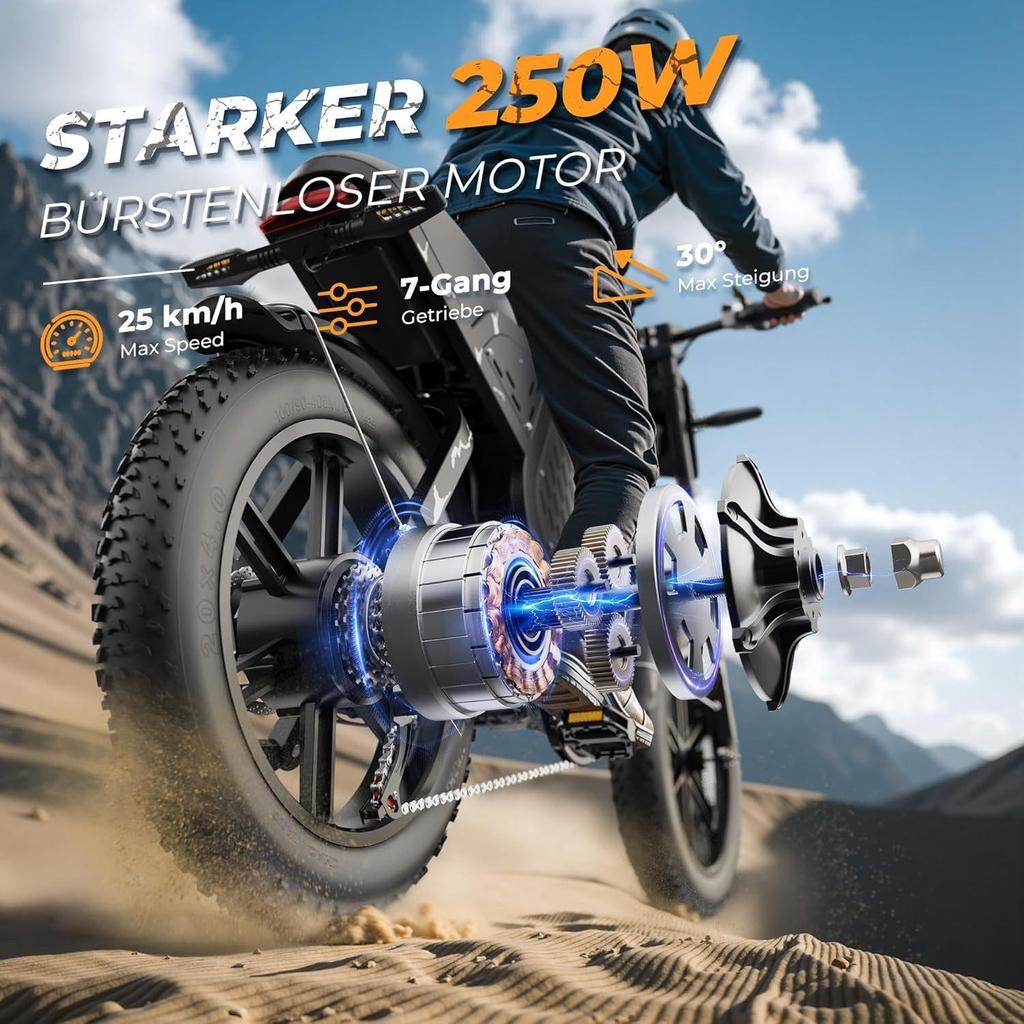 20-inch adult fat bike e-bike with 48V 31.5Ah battery, 87-mile range, suspension and turn signals