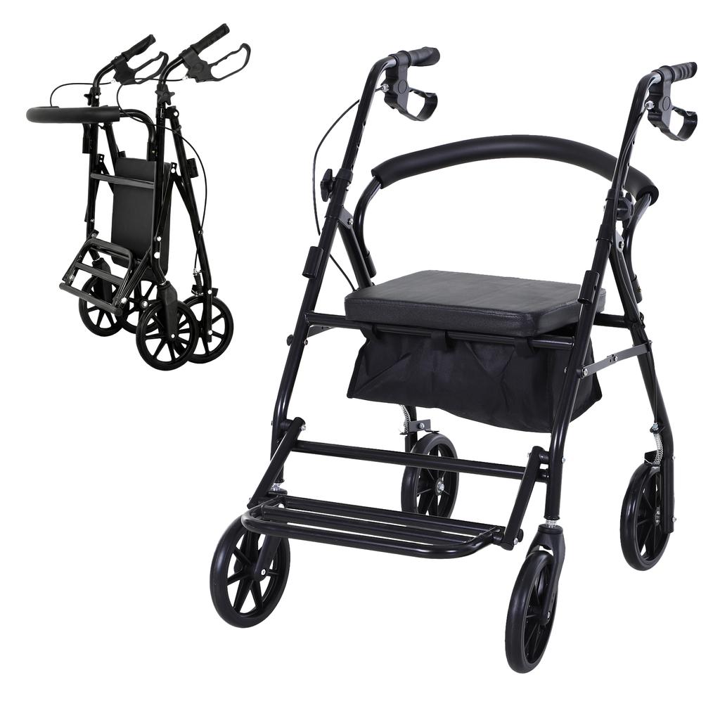 Folding Walker, Seat, 4 Wheels, Height Adjustable, Hand Brakes, Basket, Black