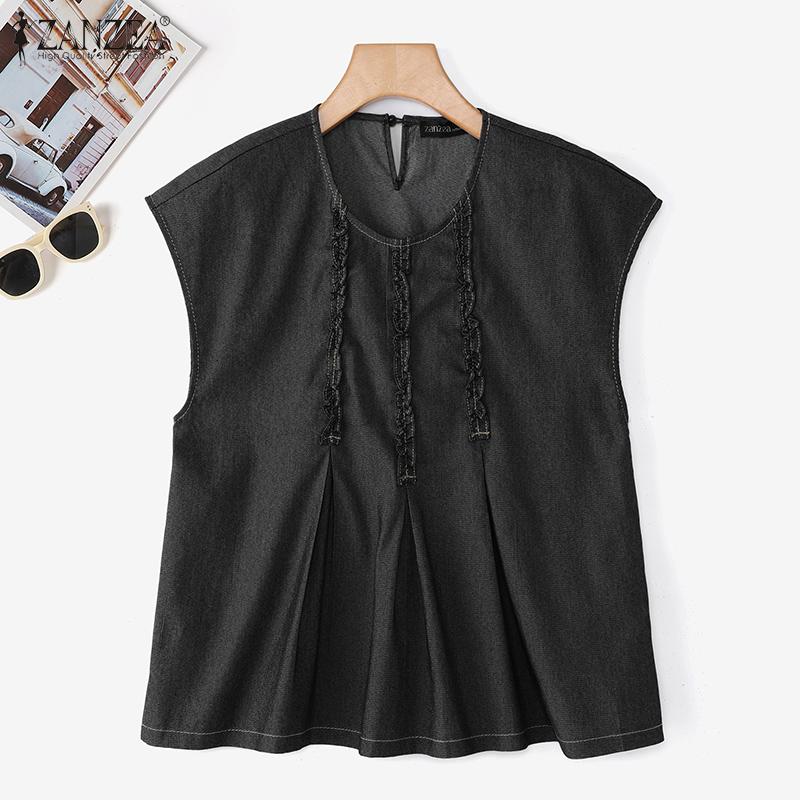 ZANZEA Женская повседневная свободная блузка с коротким рукавом и круглым вырезом