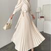 Available In Two Colors, 2023 New Style Pleated Dress with Lapel, Side Bow Tie Waist, and Slimming Puff Sleeves.