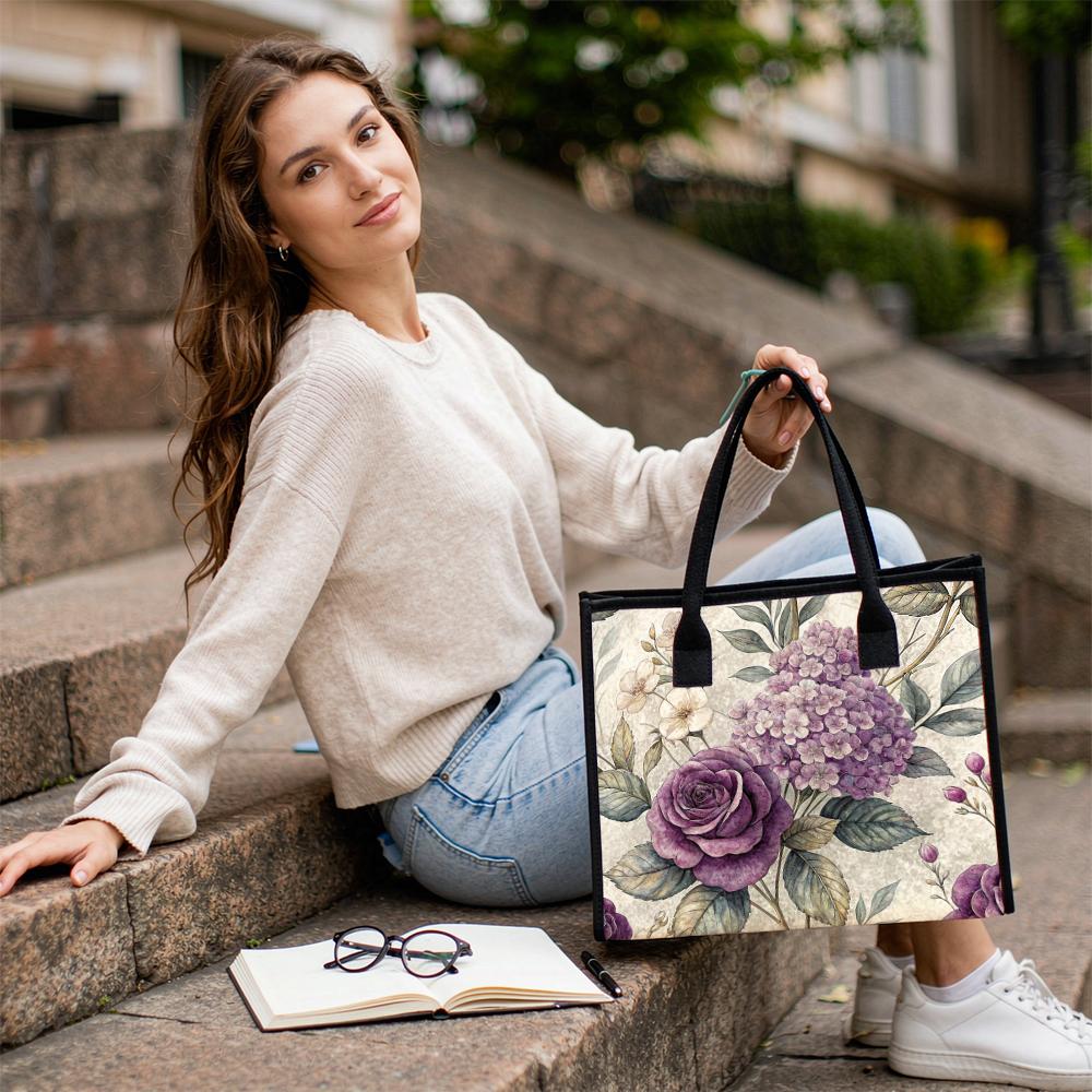 Elegant Purple Floral Women's Large Capacity Casual Handbag for Daily Shopping Travel Commute