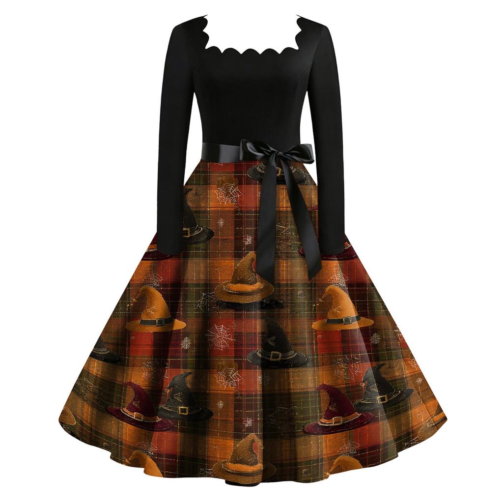 Women's Vintage Long Sleeve Square Neck Dress Halloween Skeleton Print Party Dress Retro Style Full Skirt with Waist Tie Belt